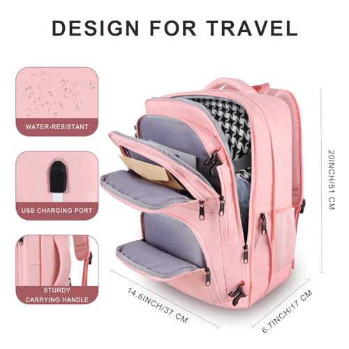 Travel Backpack for Women, 52L Carry On Backpack, Extra Large Expandable Travel Bag, 18.4 Inch TSA Flight Approved Luggage Personal Item Size with USB, Teacher Business Daypack, Pink