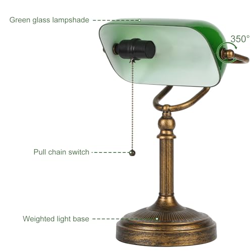 NISSAFORS Bankers Desk Lamp, Green Glass Shade, Vintage Desk Lamp with Pull Chain Switch, Retro Table Lamps for Home Office (Retro Gold+Green, Large)