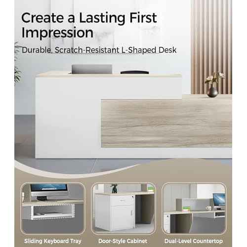 Modern L-Shaped Reception Desk with Storage - 79" Front Desk Reception Counter with Lockable Drawer, Storage Cabinets, Keyboard Tray & Modesty Panel for Office, Lobby, Salon, Retail Checkout, Left