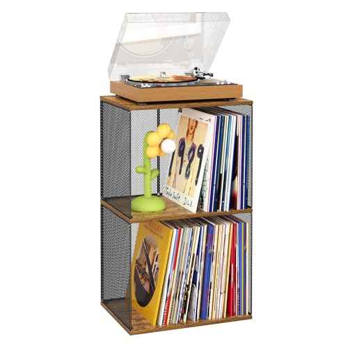 2 Tiers Vinyl Storage Turntable-Compatible Desktop, DIY Stackable Record Crate 100-140 Wooden Cube Storage Organizer Album Record Crates for Vinyl Holder, Non-Detachable