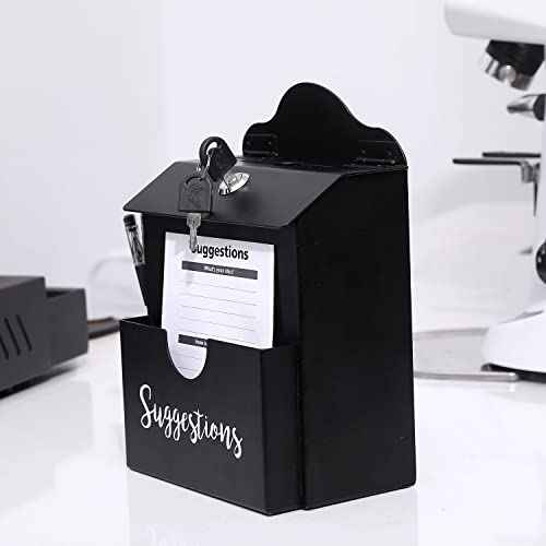 MyGift Classic Matte Black Metal Suggestion Box with Cursive Suggestions Lettering, Wall Mounted or Tabletop Comment Box with Lock, Keys, Paper Sheet and Pen Holder Slots