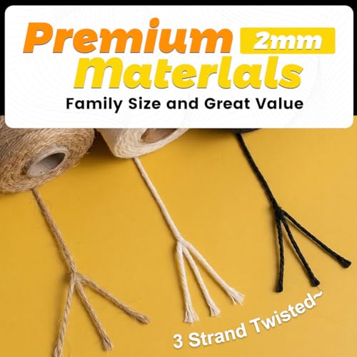 PerkDecor 3-Roll Twine & Rope Bundle – Natural Jute + White & Black Cotton 2mm (328ft x3) Crafting