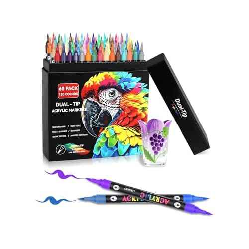 120 Colors Acrylic Paint Markers with 60 Dual-Color Brush Tips, Double Tips Acrylic Paint Pens for Rocks, Eggs, Wood, Rock, Canvas, Plastic, Glass, Ceramic