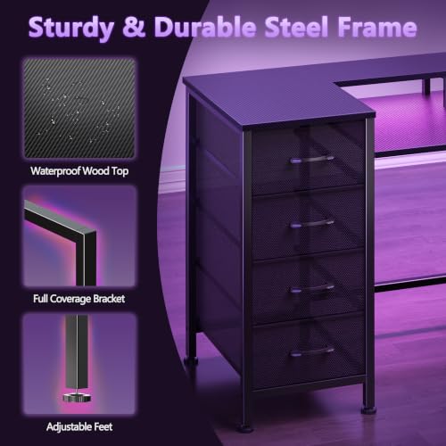 Korfile 47-Inch Reversible Gaming & Office Desk with LED Lights, Power Outlets & Storage Drawers - Carbon Fiber Black