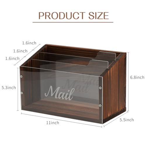 Mail Organizer with Clear Acrylic Dividers - Wooden Letter Holder for Desk, 3 Slot Mail Sorter Wall Mounted, Desktop Envelope Caddy for Home Office Organize Document Bill Mail Inbox Outbox