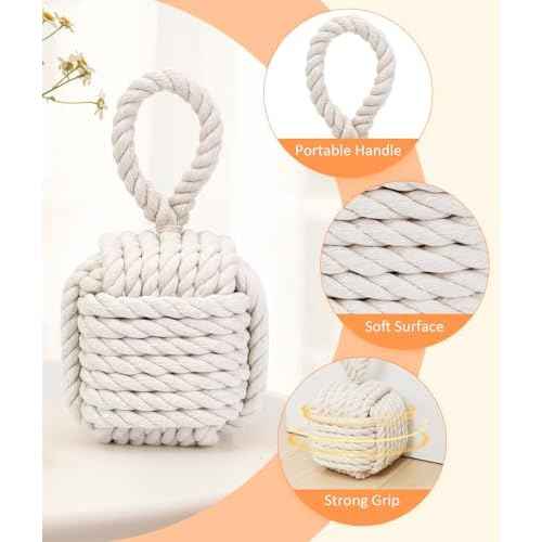 2Pack Decorative Door Stoppers - Cute Rope Knot Design, Heavy Duty Weighted Doorstop with Inside Mount for Home & School, Beige