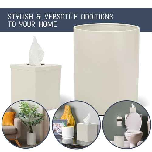 Round Bathroom Trash Can Wastebasket and Cube Tissue Box Holder Organizer Matching Accessory Set of 2, White