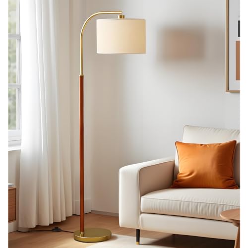 66¡± Walnut Gold Floor Lamp for Living Room, 1200 Lumens 3-Level Brightness Arc Floor Lamp for Bedroom, Wood Vintage Mid Century Modern Standing Lamp, Adjustable Lampshade, LED Bulb Included