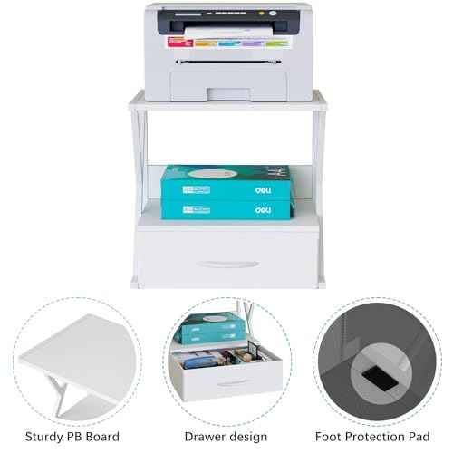 aboxoo Printer Stand for Desk with Storage Drawer, 2 Tier Desktop Or UnderDesk Shelf, Multi-Purpose Desk Organizer for Home Office, fit Fax Machine/3D Printer/Scanner, White
