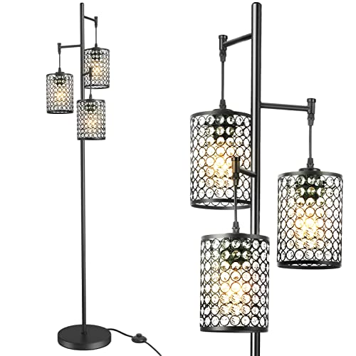 EE Eleven Master Modern 3-Light Tree Floor Lamp for Living Room Crystal Standing Lamp with On/Off Switch Elegant Black Pole Light for Bedrooms Office Hotel