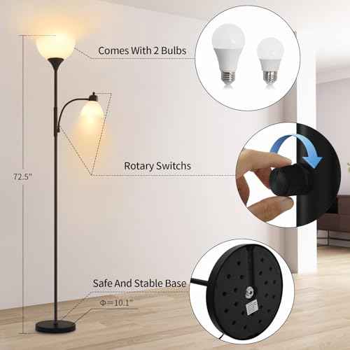 Floor Lamps for Living Room, Stepless Dimmable Standing Lamp, Bright 9w+5w LED Bulbs Included, Adjustable Gooseneck Reading Light, Tall Lamp for Living Room Corner Bedroom Office and Diningroom