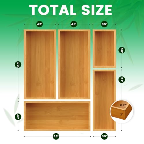 Bamboo Drawer Organizer Set - 5-Piece Kitchen, Bathroom & Office Storage Trays
