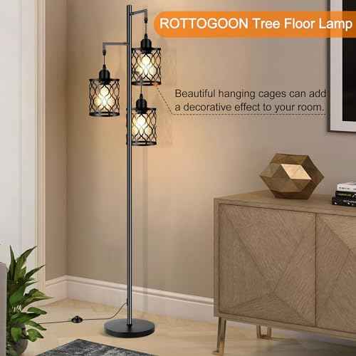 Industrial Floor Lamp, Metal Farmhouse Floor Lamp for Living Room, Rustic Standing Tall Lamps with 3 Elegant Cage Heads, Tree Floor Lamps for Bedrooms, Home Office, Bar, 68", Black, Bulb Not Included