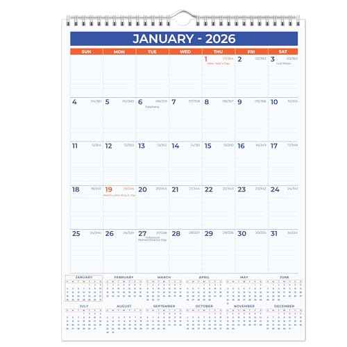 2026 Wall Calendar - January 2026 - December 2026, 12 Monthly Hanging Calendar, 2026 Planner, A4 Size 8.5" x 11", Spiral Binding, Holidays, Julian Dates, Large Blocks, Twin-Wire Binding, Hanging Hook, (1 Pack)