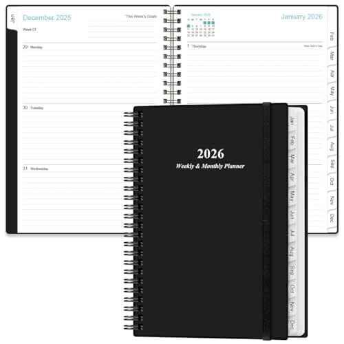 Planner 2026 - A5 Weekly & Monthly Planner Spiral Bound, January 2026 - December 2026, with Flexible Cover, Tabs, Inner Pocket, 6.4" x 8.5", Black