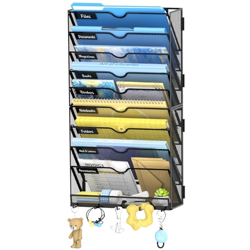 SUPEASY 10-Tier Wall File Organizer with Hooks - Black, Wall Mounted Mail Sorter