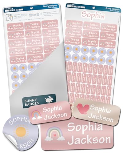 Bunny Badges Personalized Waterproof Name Labels for Kids - Daydream Set (70 Labels)