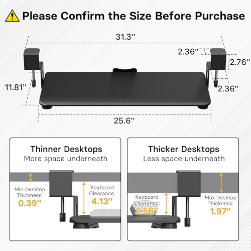 BONTEC Black Under Desk Keyboard Tray 25.6 x 11.8 Inches Pull-Out Platform