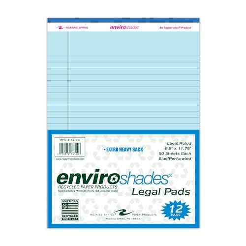 ROARING SPRING Enviroshades Recycled Colored Legal Pads, Blue, 12 Pack, 8.5" x 11", Legal Ruled, 50 Sheets Per Pad, 15 lb Perforated Paper, Made in USA