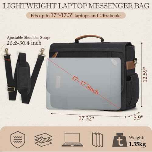 RAINSMORE Messenger Bag for Men 17-17.3 Inch Laptop Bag Water-resistant Canvas Computer Shoulder Bag Office Work Briefcase Large Casual Satchel Bags for Men Bookbag for College, Black