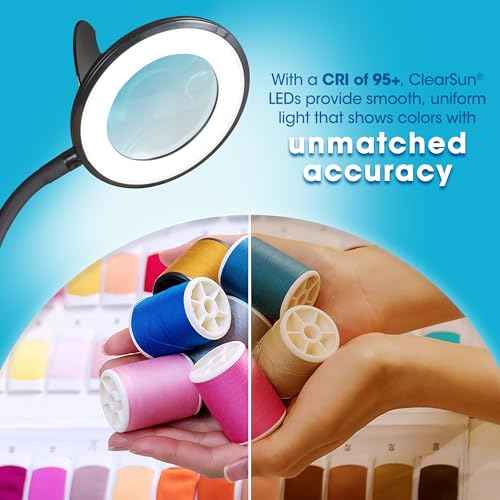 OttLite LED Lamp Clip On Magnifying Glass with Light ? Optical Grade Magnification, Adjustable Arm, ClearSun LED Technology for Crafting & Needlework, Great Desk Lamp, Book Light, Reading Lamp