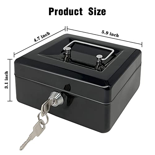 PACOLo Steel Cash Box with Key Lock, 5.9 x 3.1 x 4.7 in, Black