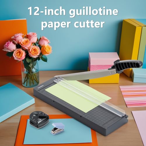 Aomether 12-Inch Standard Guillotine Paper Cutter with Safety Guard & Blade Lock, Heavy Duty Trimmer for Cardstock, Photos, Vinyl, Labels, and Scrapbooking — Portable, Accurate, 8 Sheets Capacity