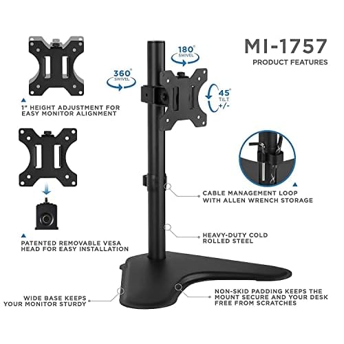 Mount-It! Single Monitor Stand, Freestanding Desk Mount for 21.5-32 Inch Screens, VESA Compatible Desk Stand with Height Adjustable, Tilt, Swivel, and Rotation Features, Sturdy Base Supports 17.6 lbs