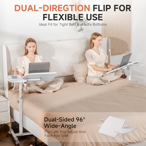 GTRACING Mobile Small Standing Desk, Tiltable Sit Stand Portable Rolling Laptop Desk with Lockable Wheels, Adjustable Height Overbed Bedside Table Computer Workstations, White