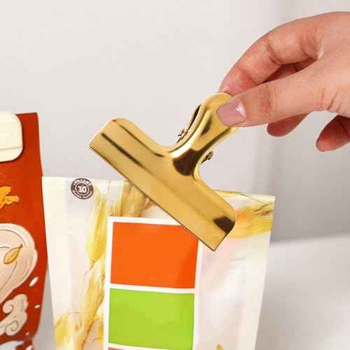 2Pcs Gold Chip Clips, 3 Inch Wide Stainless Steel Brass Notebook T Clip, Heavy Duty Food Bag Clamp, Vintage Retro Hinge File Bill Holder Sealing Air Tight Clips Modern Kitchen Office Accessories