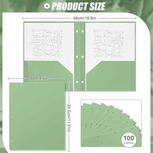 Yeaqee 100 Pcs Plastic Folders with Pockets Bulk 3 Hole Punched 2 Pocket File Folders for 3 Ring Binder Divider Folder for Notebooks, Durable Poly for Office Home (Sage Green)