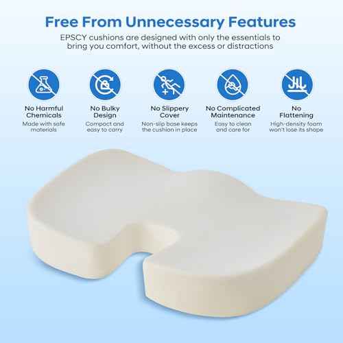 EPSCY Memory Foam Seat Cushion for Office Chair, Car, Airplane & Bleachers ? Ergonomic Support for Sciatica, Hip & Tailbone Pain Relief ? Comfort Pad for Long Sitting, Office Workers & Driver - Grey