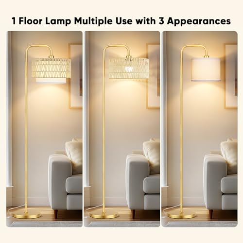 PARTPHONER Gold Floor Lamp for Living Room, Farmhouse Tall Lamp with 3 Color Temperatures Remote & Dimmable Bulb, Beige Rattan and Fabric Shades for Bedroom Study Room Office