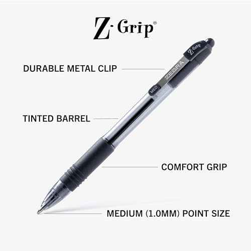 Zebra Pen Z-Grip Retractable Ballpoint Pens, Medium Point, 1.0mm, Black Ink, Soft Latex-Free Grip, Metal Pocket Clip, Plastic Barrel, 108 Pack, Ideal School Supplies & Office Supplies (22108)
