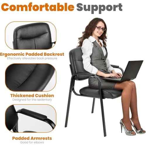Sweetcrispy Leather Waiting Room Chair, Comfy Guest Chairs with Padded Arms for Reception Conference Side Office Desk Home, Inky