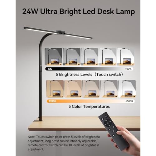 AUSDOM LED Desk Lamp for Home Office, 24W Ultra Bright Architect Task Light with Clamp & USB Port, 5 Colors & Dimming Touch Control, Flexible Gooseneck for Reading, Crafting, Gaming- 50 Lighting Modes