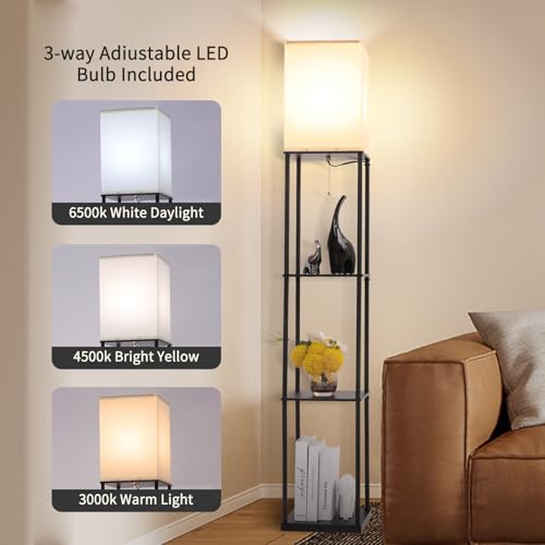 Gupuzm Black Floor Lamp with Shelves, Modern Corner Bookcase & Storage