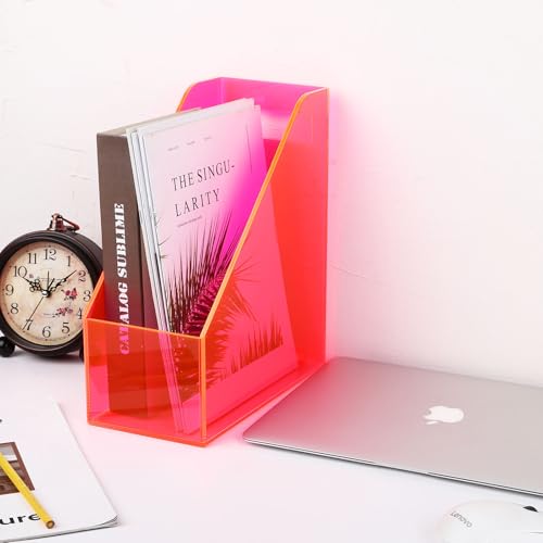 Acrylic Magazine Rack Desk File Holder Organizer for Office Desktop Vertical Magazine Storage Box, 12 x 10 x 5'', Neon Pink