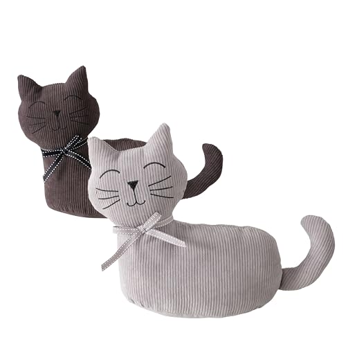 Kitty Cat Door Stops, Set of 2, Bow Collars, Grey and Brown Corduroy Fabric, Weighted, 11.75 Inches