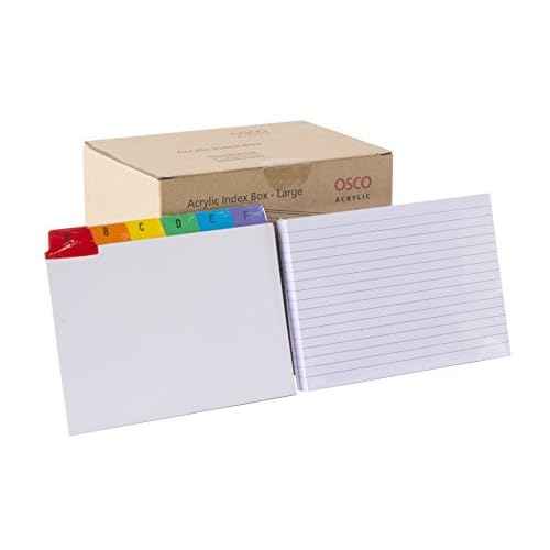 OSCO Clear Acrylic Index Box, Large, A to Z Divider Tabs, 100 Lined Note Cards, 7" x 5", Ruled Revision Flash Cards, Recipe Notes, Office Contact Filing, Desktop Organiser, 177 x 127 mm