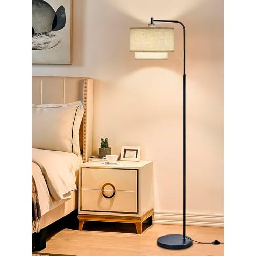 64" Modern Floor Lamp for Living Room Bedroom, Arc Floor Lamp with 3 Color Temperatures, Standing Lamp with Double Oatmeal Linen Lampshade, Tall Lamp with A19 12W LED Bulb, Foot Switch Control, Black