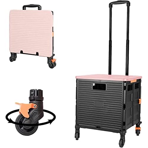 Quick Utility Cart Folding Portable Rolling Crate Handcart with Durable Heavy Duty Plastic Telescoping Handle Collapsible 4 Rotate Wheels for Travel Shopping Moving Luggage Office Use (black&pink lid)