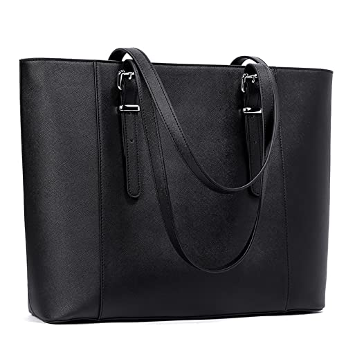 Telena 15.6 Inch Laptop Tote Bag for Women, Black Leather Briefcase, Large Capacity