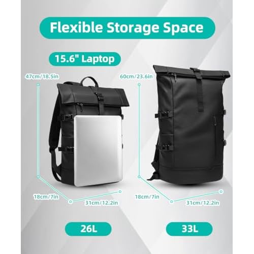 Rolltop Backpack Waterproof for Women & Men 33L Large Bike Backpack 15.6-inch Laptop Backpack Lightweight Perfect for Work School Travel and Outdoor Activities - Black