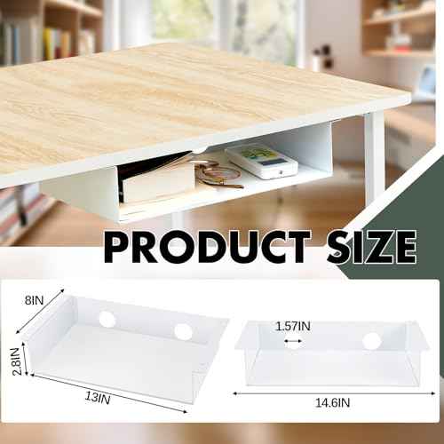 2 Pack Under Desk Hanging Shelf, Carbon Steel Storage Tray with Mute Felt Sheets, Mount Shelves Organizer for Office Home Workstation Gaming Desk Stand up(13x8x2.8 in/Storage Shelf,White)