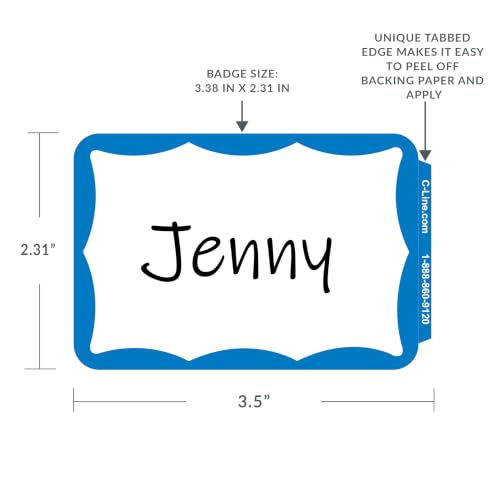 C-Line Peel & Stick Name Badges Blue Border 3.5 x 2.25 Inches, 100/Box (92265) – 100/BX / Blue