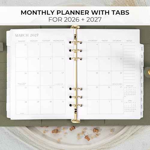 Beautiful 2026-2027 Monthly Planner Inserts for 6 Ring Binders ? Durable A5 Paper Refill Set 5.7" x 8.3" - Refills Incl. Tabs & Yearly, Monthly Calendar Spreads - From December 2025 - December 2027