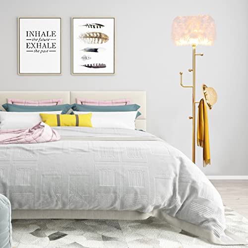 Feather Floor Lamp Standing Lamp with Coat Rack for Living Room,Modern Metal Hall Coat Tree with 5 Hooks,Pole Lamp Reading Floor Lamp for Bedroom and Living Room