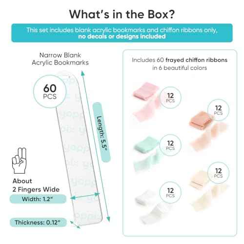 60 Pieces Acrylic Bookmark Blanks- 3mm Thicken Clear Acrylic Bookmarks with 60 Pcs Ribbon for Reading Lovers DIY Crafts Presents, Graduation Back to School Presents