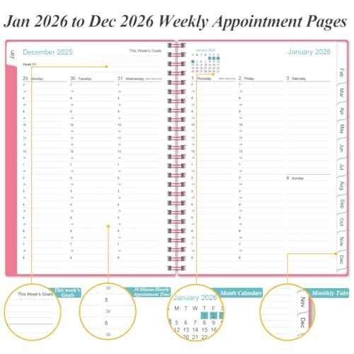 2026 Appointment Book & Planner - Hourly Planner from January 2026 to December 2026, Weekly Appointment Book 2026 with 30-Minute Interval, 6.4" x 8.5", Pink